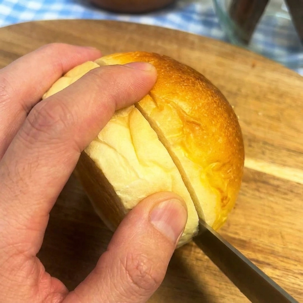 도마 위에서 버거 번을 가로로 이등분하는 모습