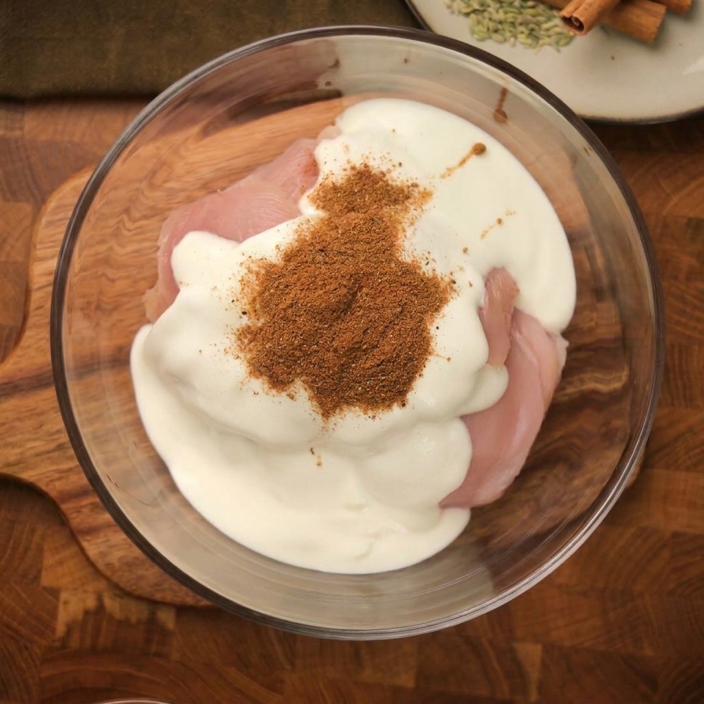 요거트에 버무려진 닭고기 위에 갈색 향신료 가루를 뿌린 모습.