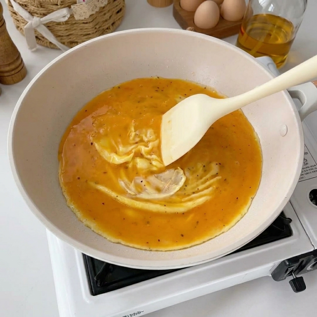 실리콘 주걱으로 부드럽게 익어가는 달걀을 젓는 모습.
