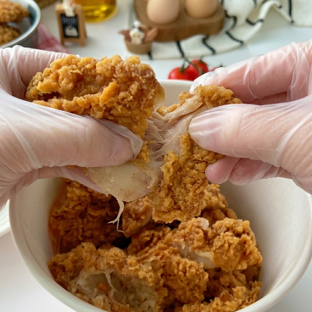 장갑을 낀 손으로 황금빛 프라이드치킨을 먹기 좋게 찢는 모습.