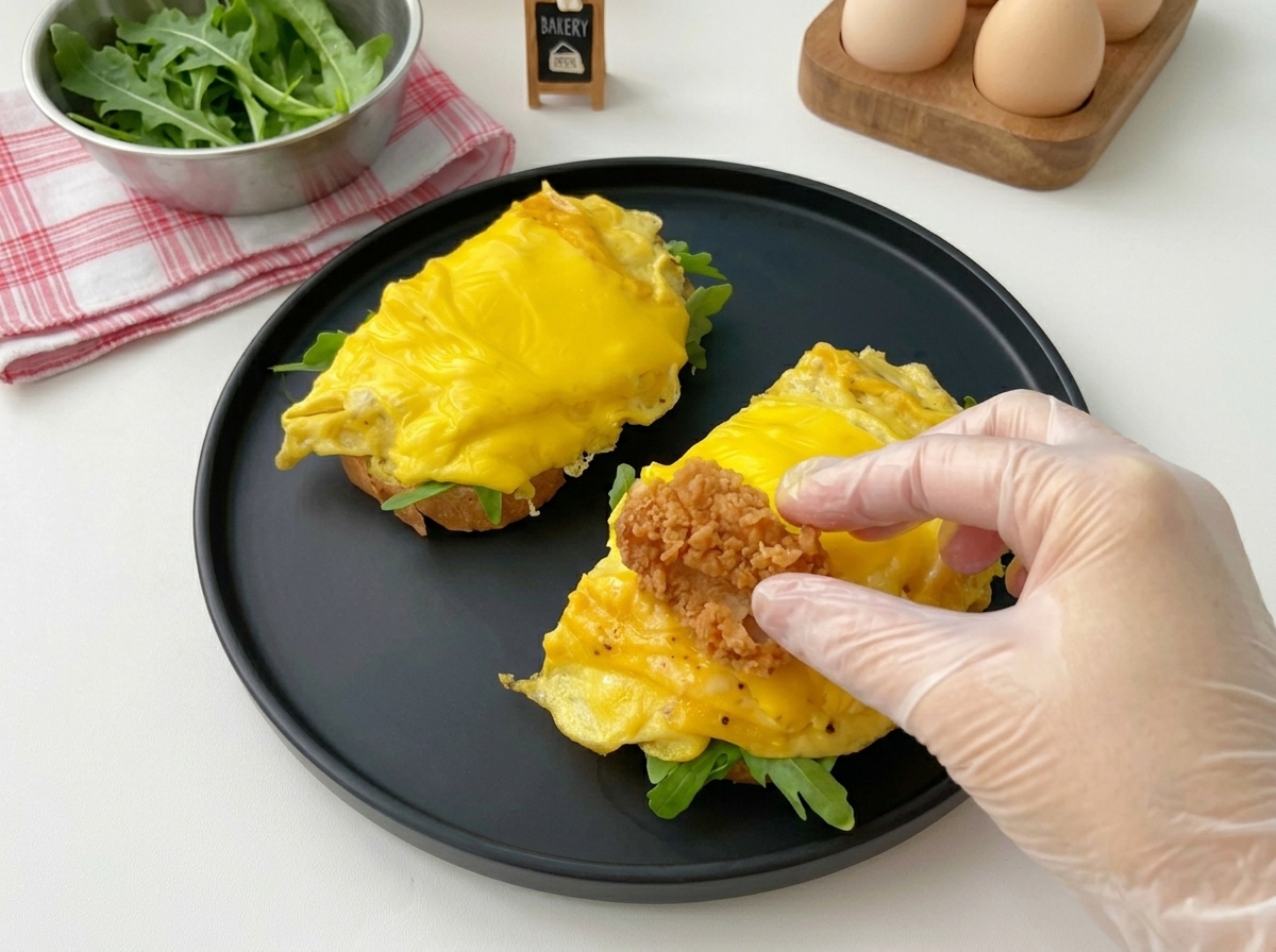 치즈 달걀 위에 바삭한 치킨 조각을 올리는 장면.