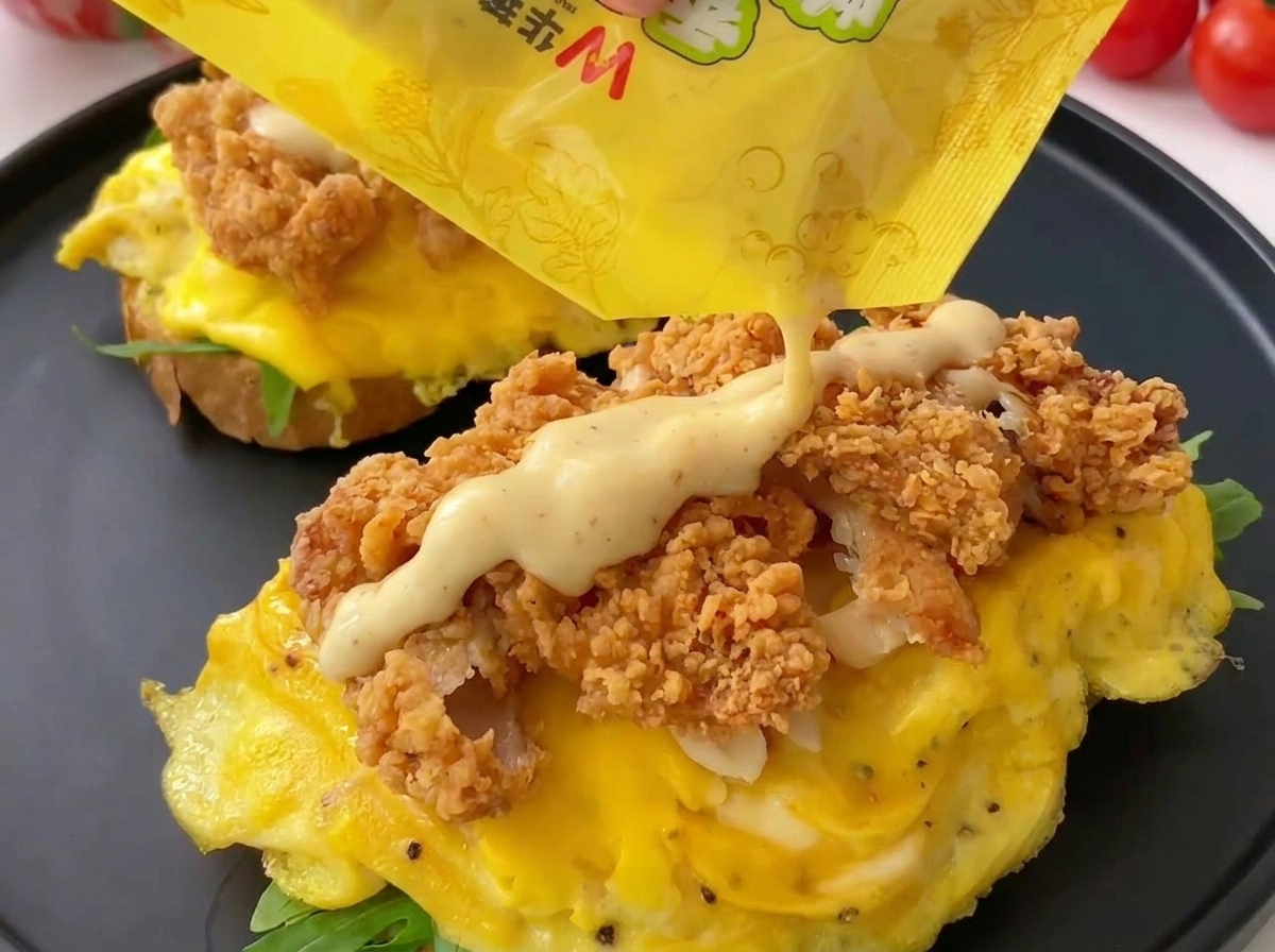 치킨 위에 허니 머스터드 소스를 듬뿍 뿌리는 모습.