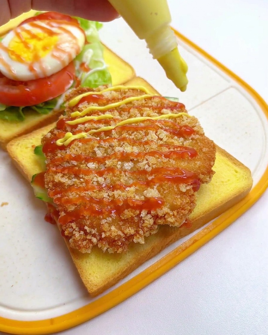 치킨 커틀릿 위에 케첩과 허니 머스타드를 뿌리는 모습.