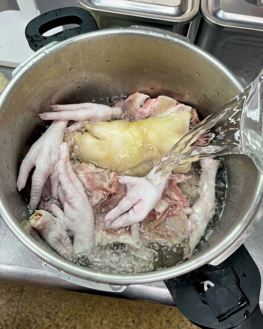 냄비에 담긴 돼지 뼈와 닭발 위로 깨끗한 물이 부어지는 모습
