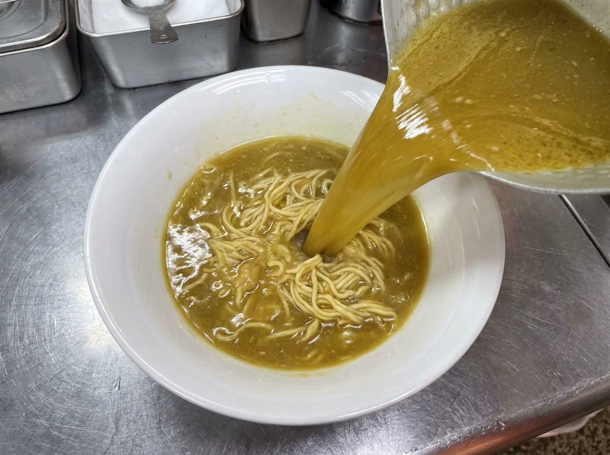 그릇에 담긴 라멘 면 위로 뽀얀 돈코츠 육수를 붓는 모습