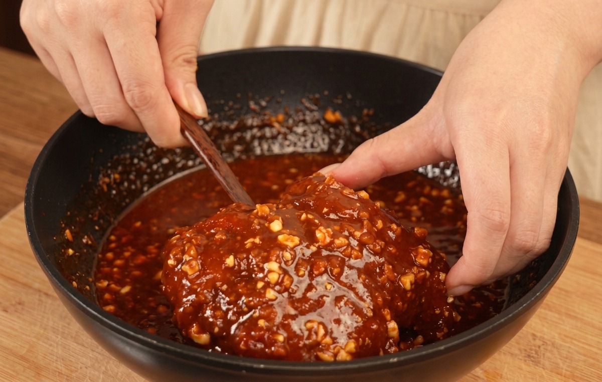 땅콩이 섞인 진한 빨간색 소스에 치킨 조각을 넣고 버무리는 모습.