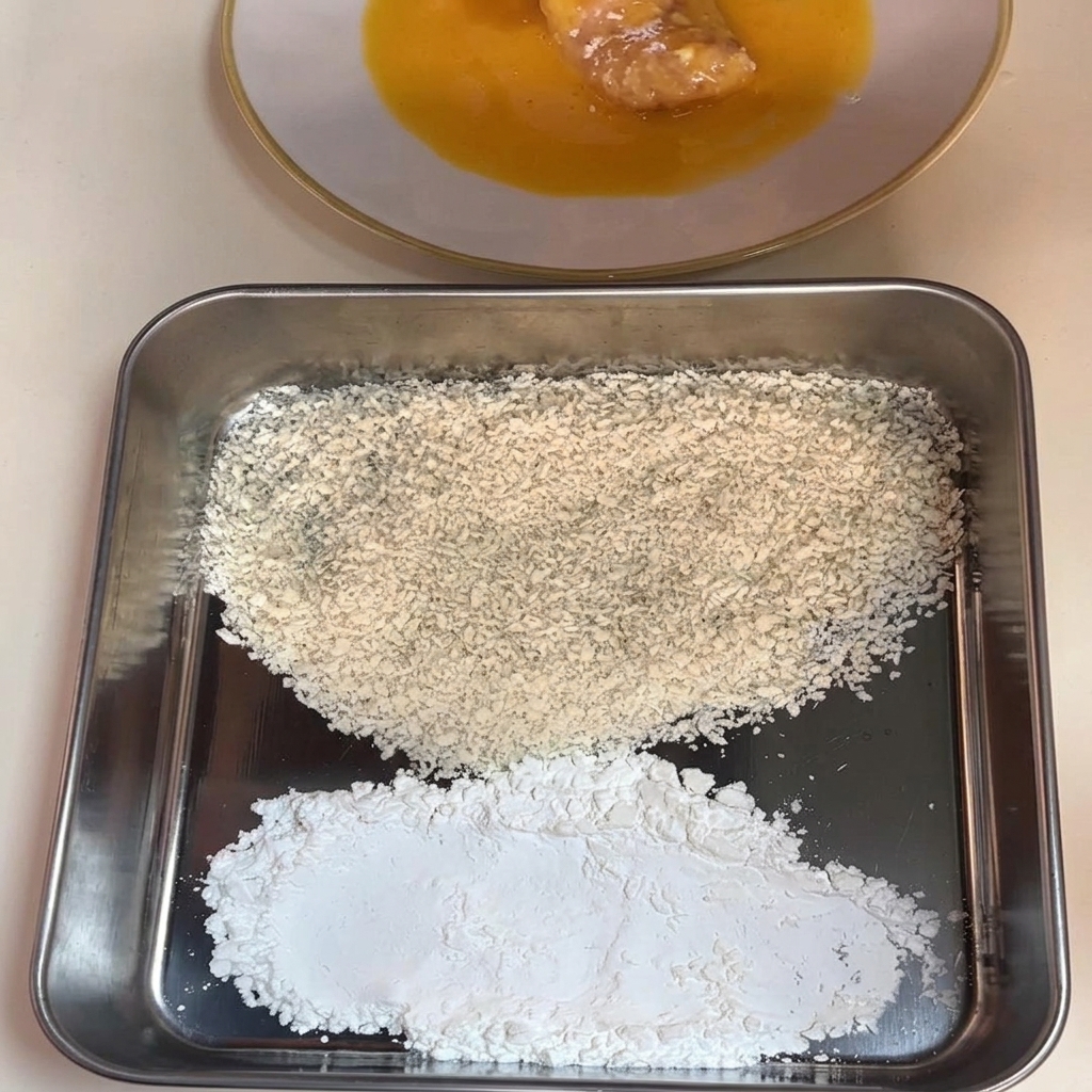 전분을 입힌 닭고기를 노란 달걀물이 담긴 접시에 담가 적시는 모습.