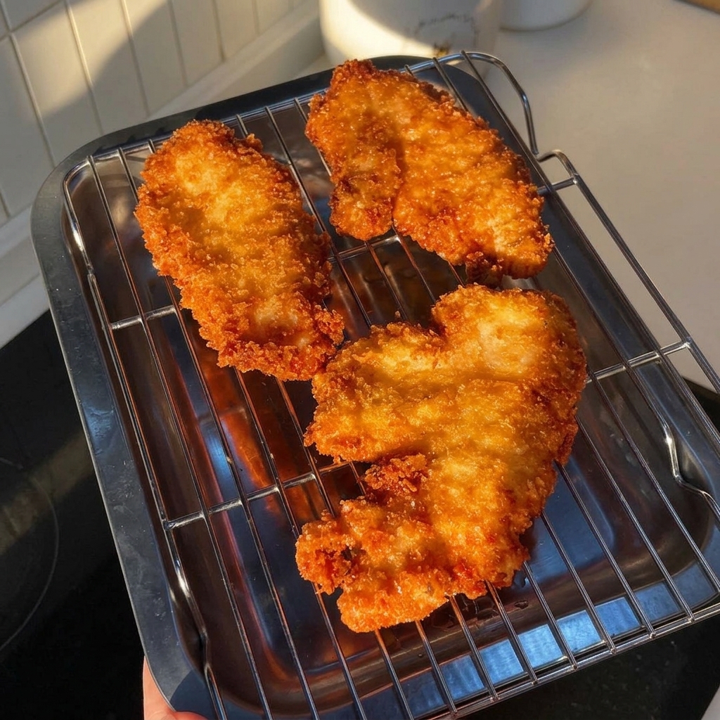 와이어 식힘망 위에서 휴지 중인 진한 황금빛의 바삭한 치킨 패티들.