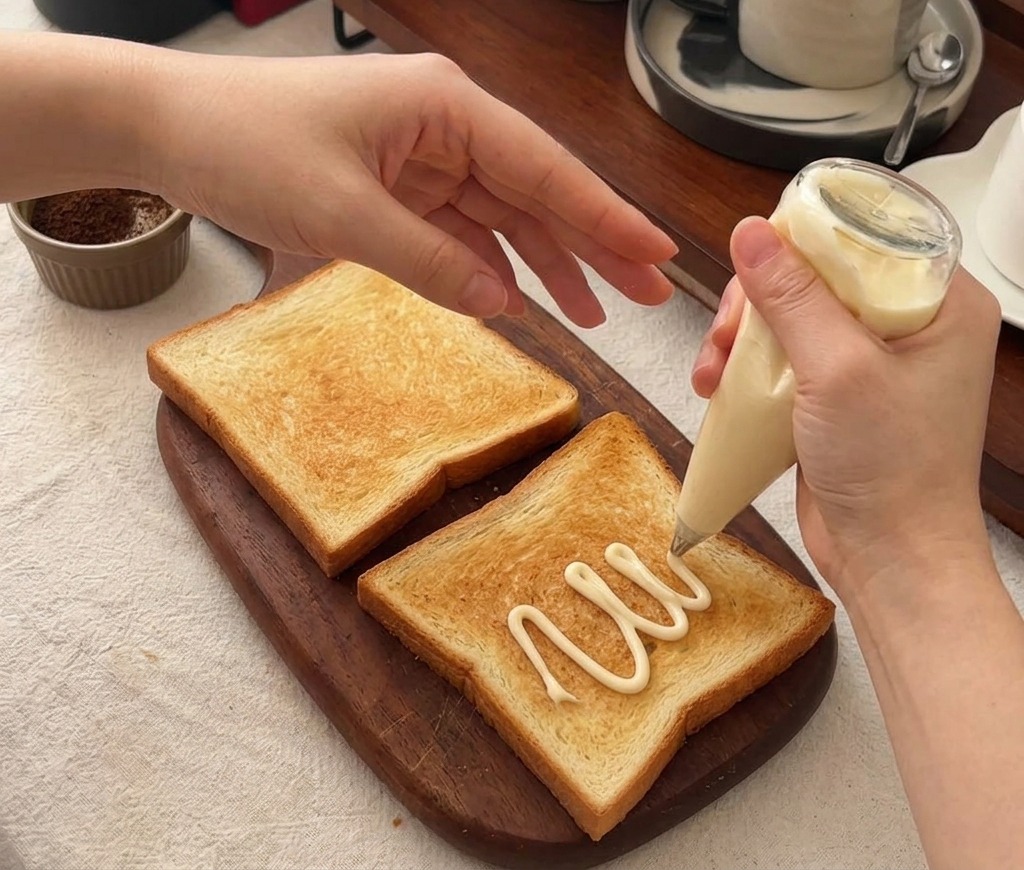 구운 식빵 위에 저지방 마요네즈를 지그재그 모양으로 뿌리는 모습.