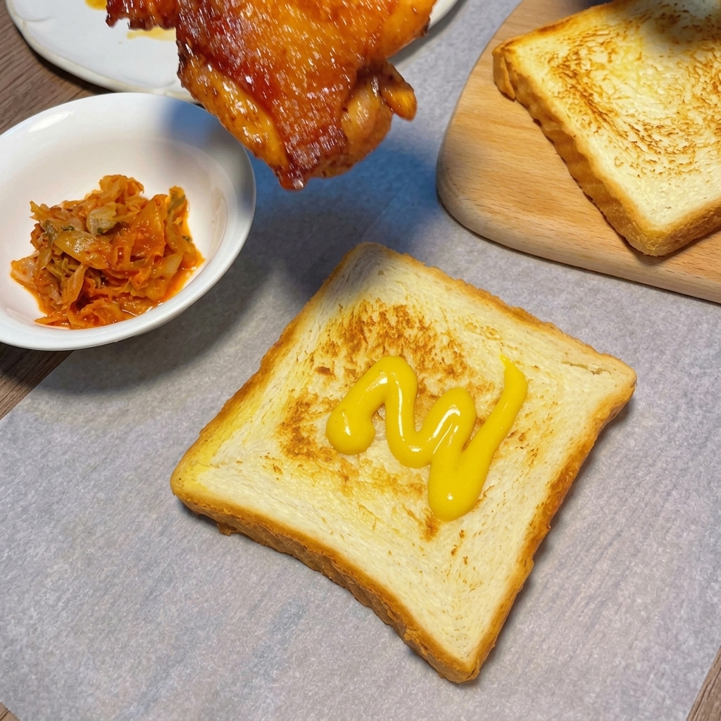 머스터드를 바른 빵 위에 양념이 잘 밴 치킨을 올리는 모습.