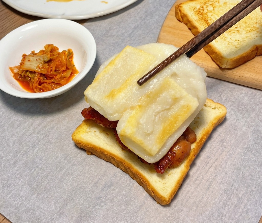 치킨 위에 젓가락으로 구운 가래떡을 가지런히 올리는 모습.