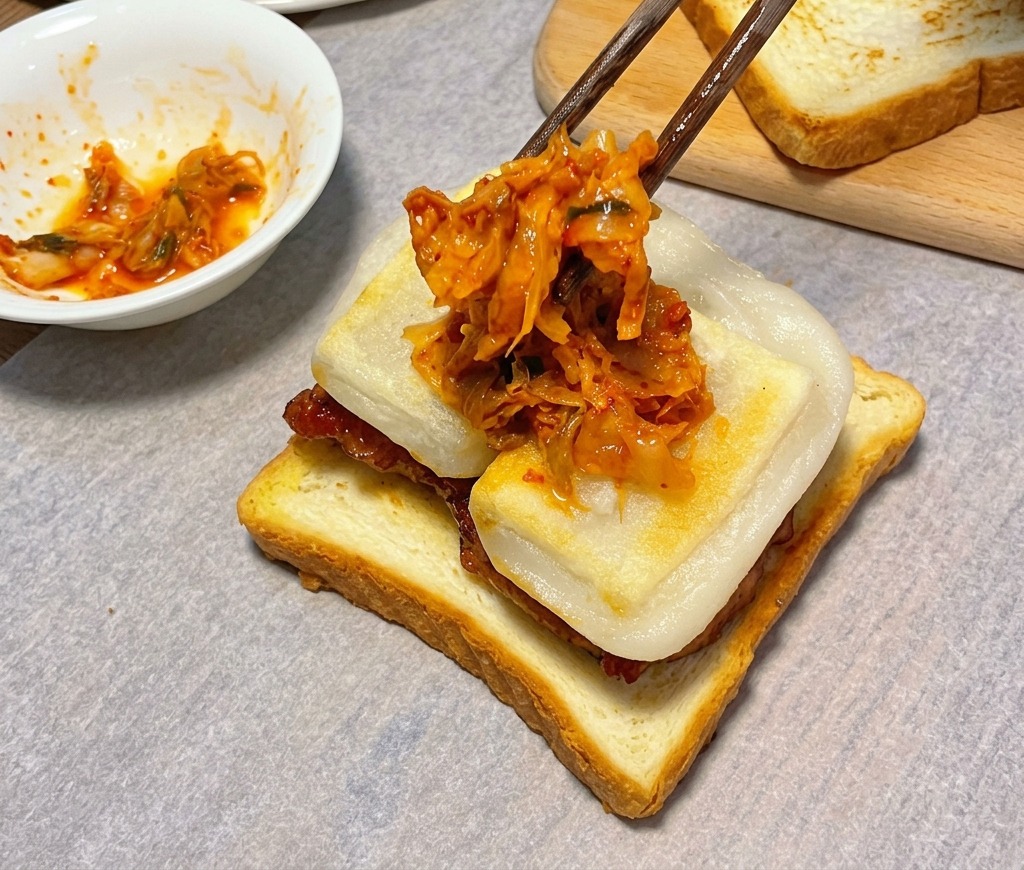 가래떡 위에 잘게 다진 붉은 김치를 얹는 모습.