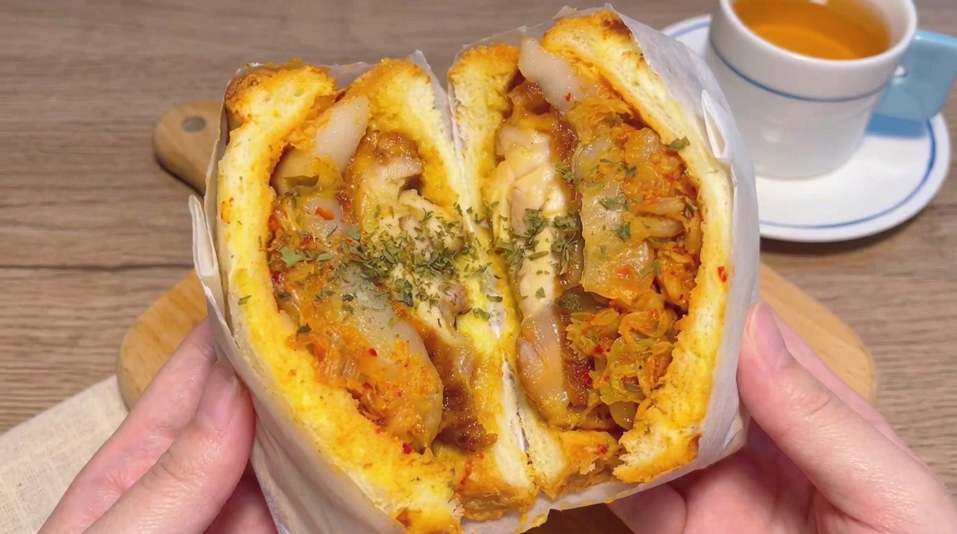 윤기 흐르는 간장 소스 치킨과 쫄깃한 가래떡, 아삭한 김치가 겹겹이 쌓인 푸짐한 한국식 퓨전 샌드위치.