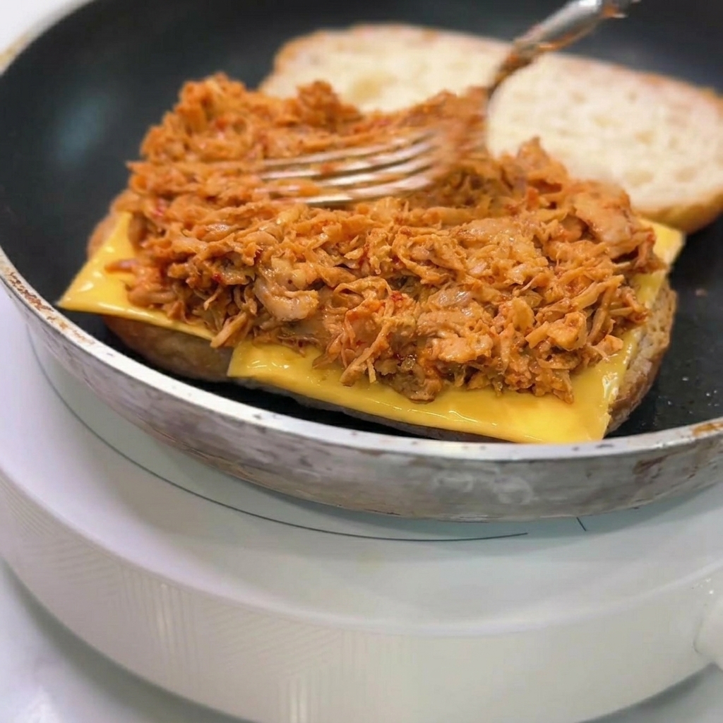 포크를 이용해 치즈가 올라간 빵 위에 소스에 버무린 치킨을 듬뿍 올리는 모습.