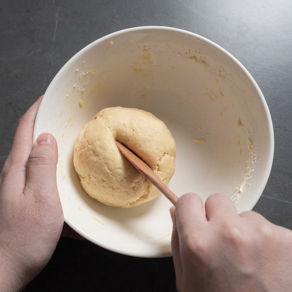 손으로 반죽의 가장자리를 안으로 말아 넣어 둥근 모양을 만드는 모습.