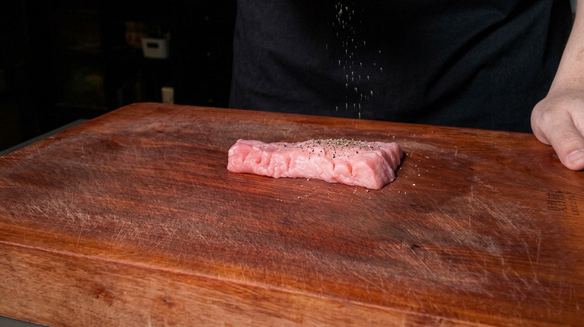 도마 위의 돼지고기에 시즈닝 가루를 골고루 뿌리는 모습.