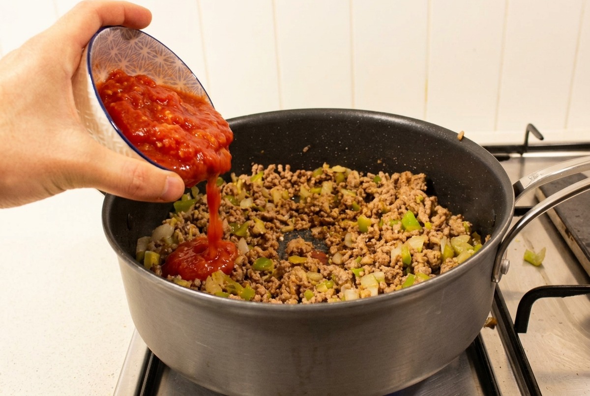 볶은 고기 위에 진한 빨간색의 크러쉬드 토마토를 붓는 모습.