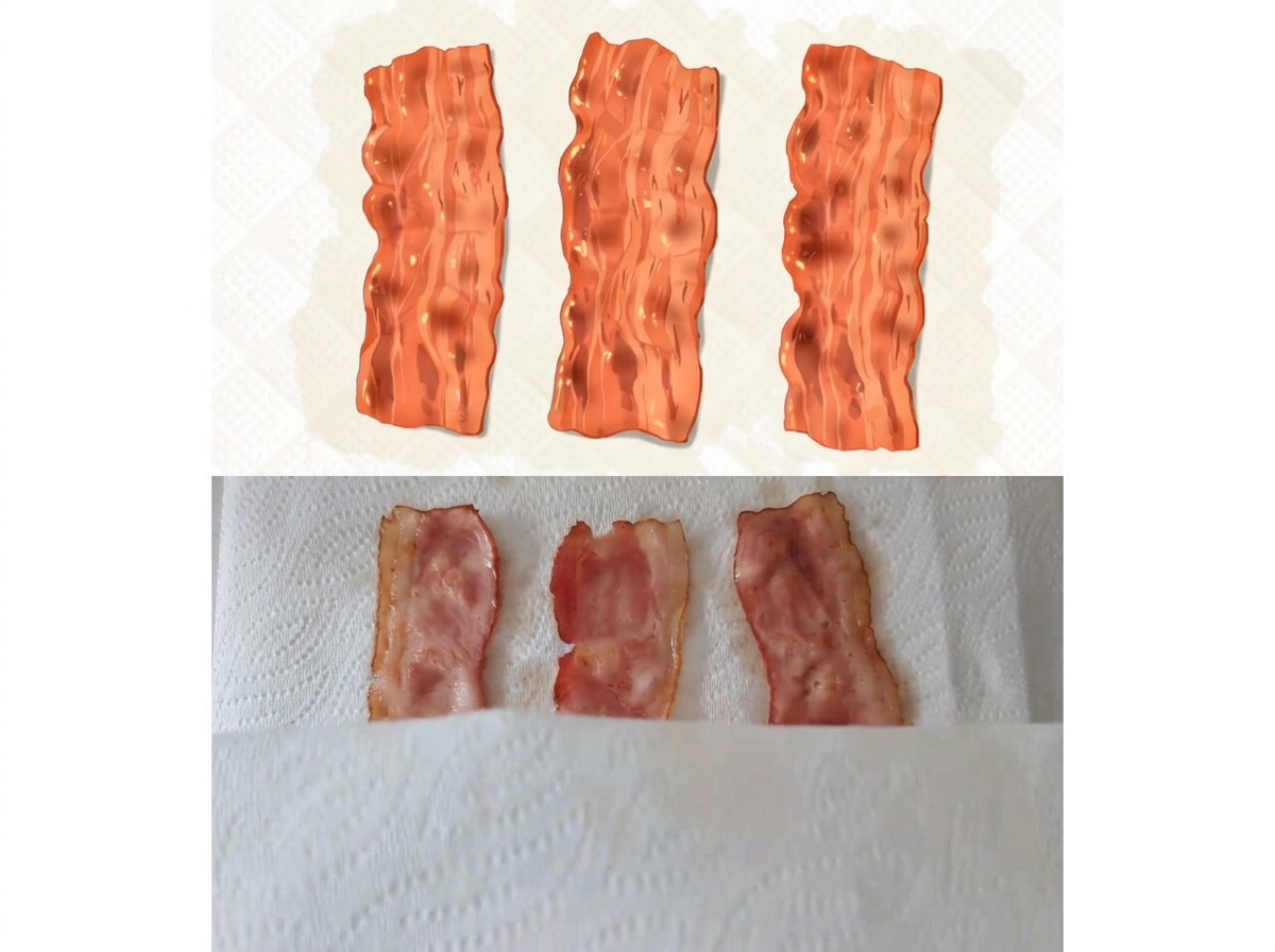 키친타월 위에 올려진 잘 구워진 베이컨 세 줄.