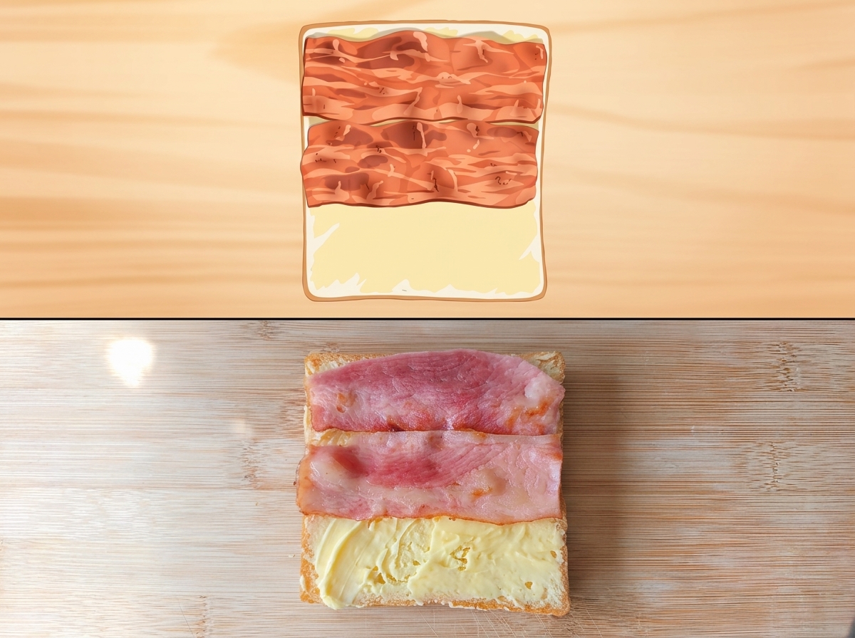 버터를 바른 식빵 위에 구운 베이컨 세 장을 올린 모습.