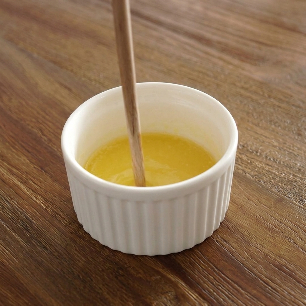 노랗게 녹은 버터가 담긴 작은 그릇에 다진 마늘 한 숟가락을 넣는 모습.