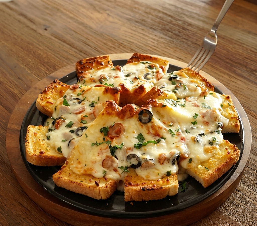 둥글게 배치된 식빵 한가운데에 네모난 슬라이스 치즈를 겹쳐 올린 모습.
