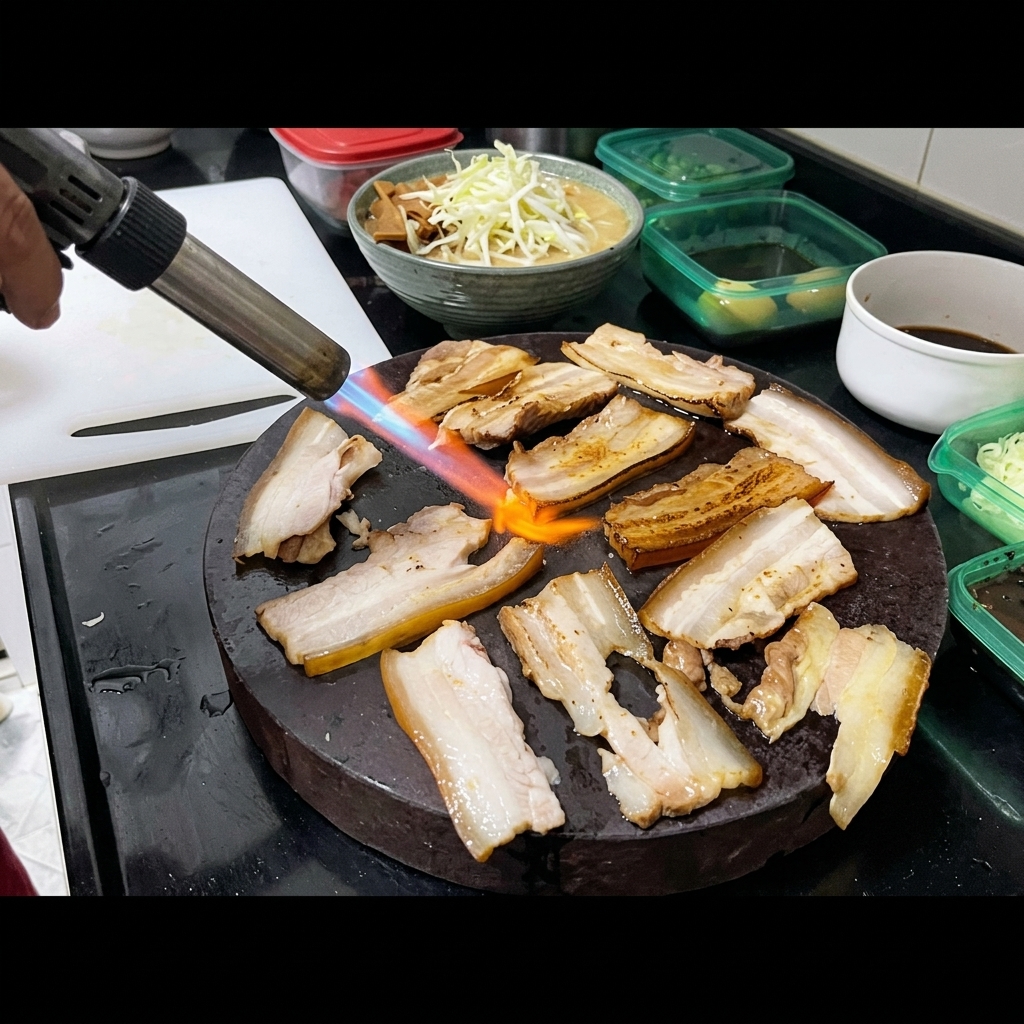 어두운 돌 접시 위에서 요리용 토치로 조리된 삼겹살 조각들을 굽고 있으며, 배경에는 채 썬 파와 소스 그릇이 놓인 모습.