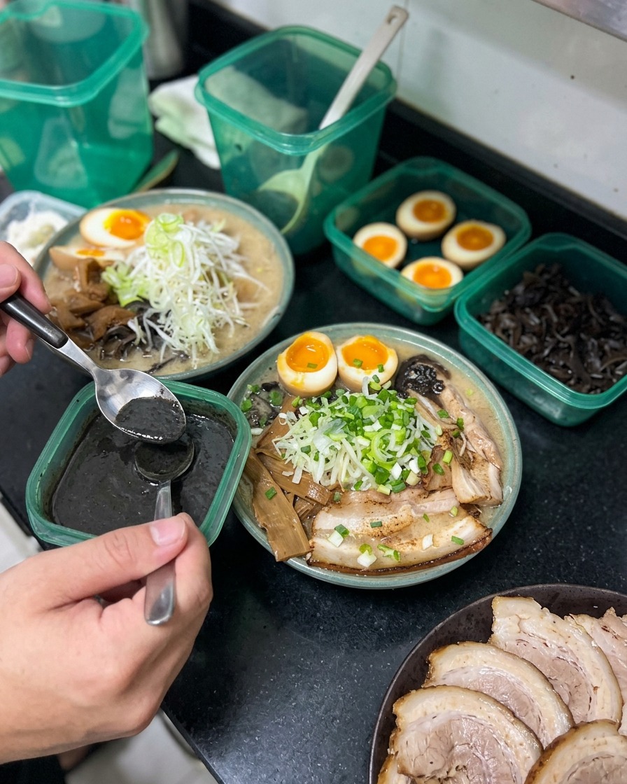 돼지고기, 달걀, 파가 올려진 라멘 그릇 위에 은수저로 진한 흑마늘 기름을 뿌리고 있는 모습.
