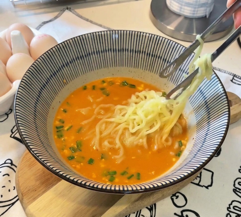김이 모락모락 나는 라면 위에 젓가락으로 노른자가 촉촉하게 흐르는 완벽한 반숙란 반쪽을 올리고 있는 모습.