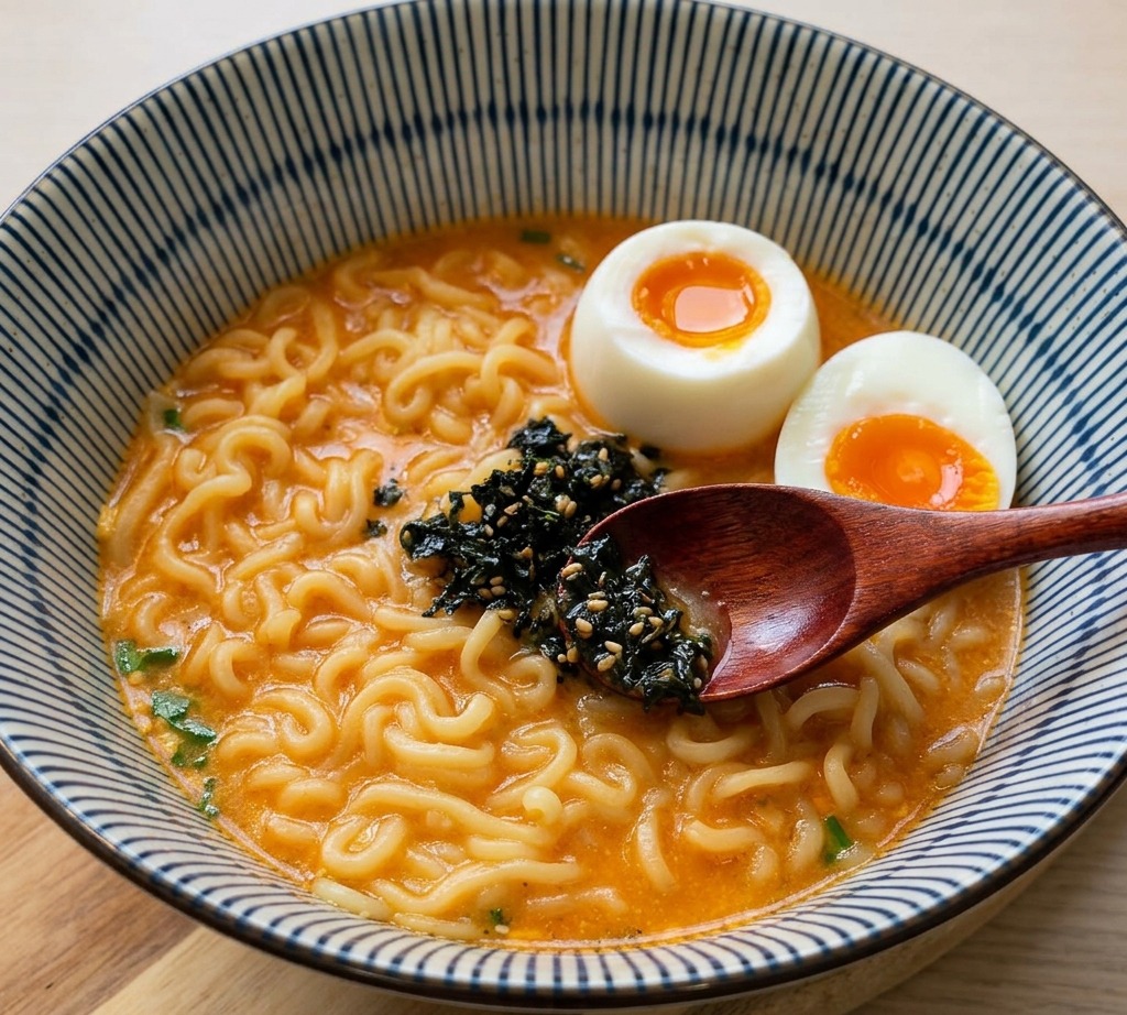 면과 국물, 반숙란이 담긴 라면 그릇 중앙에 검은깨와 김가루를 뿌려 완성하는 모습.