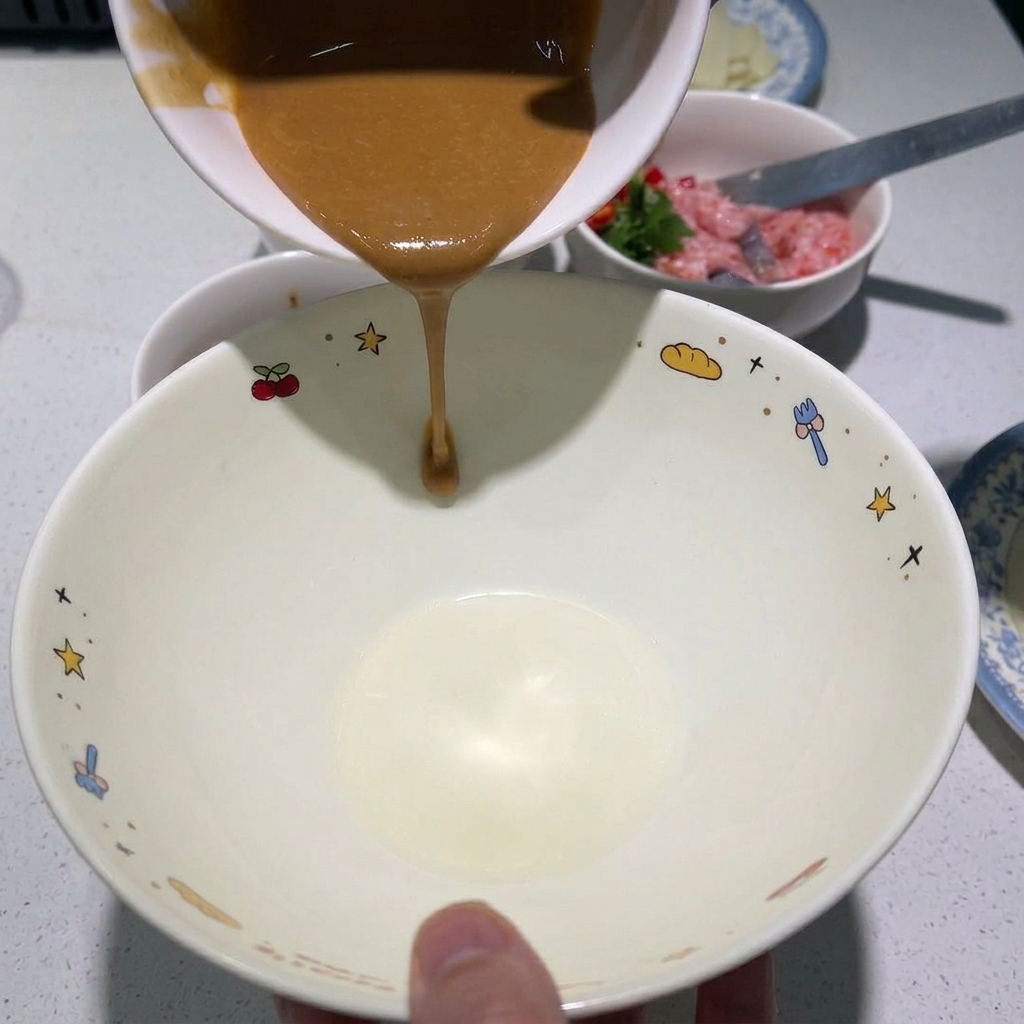 작은 그림들이 그려진 하얀 대접에 작은 볼에 담긴 갈색의 걸쭉한 참깨 소스를 붓는 모습.