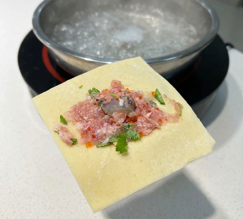 손 위에 올린 네모난 노란색 완탕피 위에 다진 고기와 허브, 생선알로 만든 반죽과 통새우 한 마리가 올라가 있는 모습.
