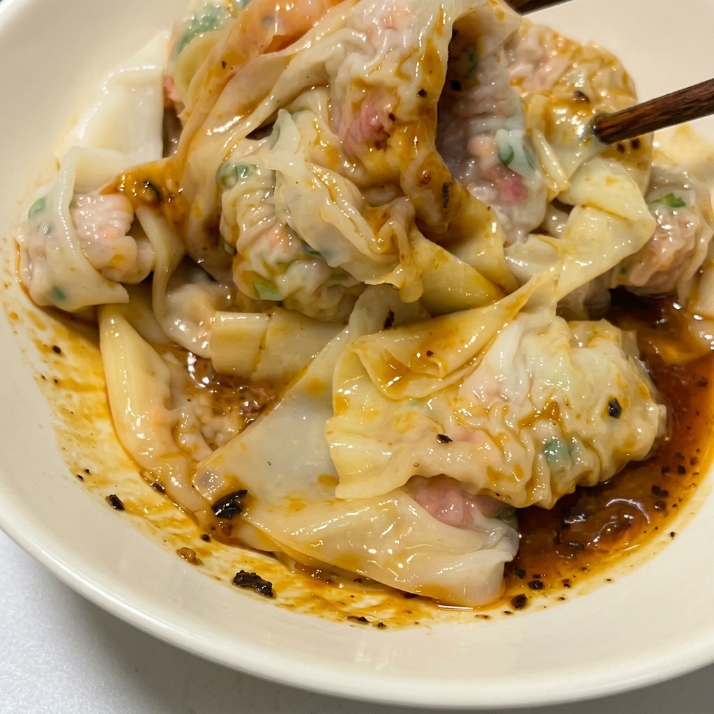 진하고 맛있는 참깨 소스와 고추기름 베이스 위에 잘 익은 완탕면이 하얀 그릇에 담겨 있는 클로즈업 사진.