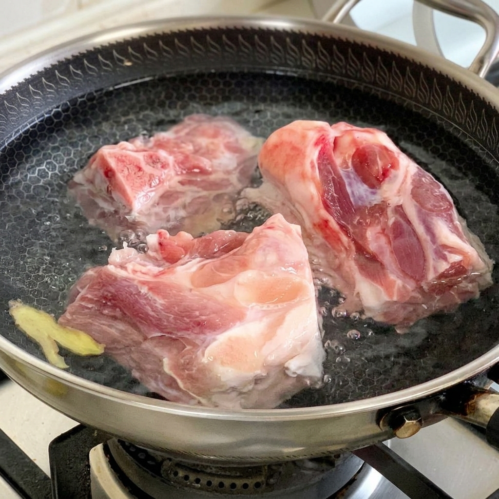냄비에 찬물과 함께 생강, 대파를 넣고 데칠 준비를 마친 생돼지 등뼈의 모습.