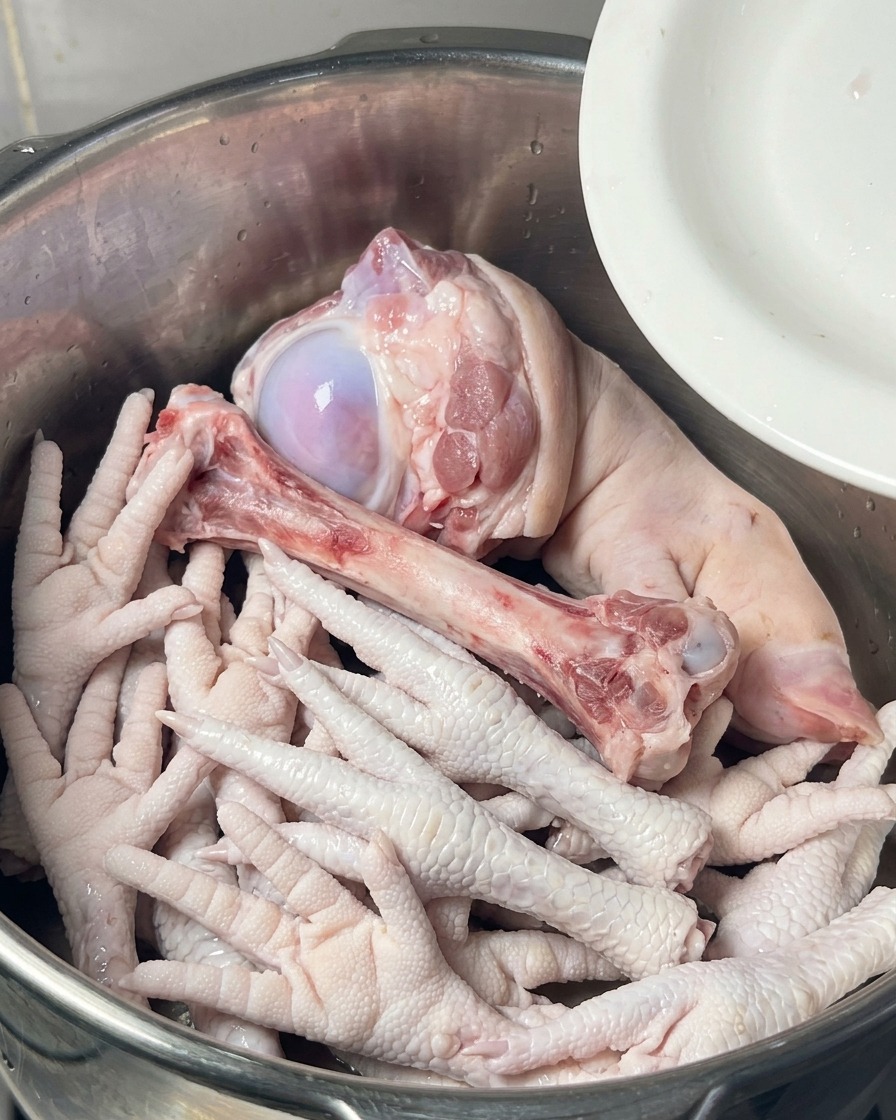 스테인리스 냄비에 생 닭발, 커다란 돼지 사골, 돼지족이 향신 채소와 함께 물에 잠겨 있는 모습