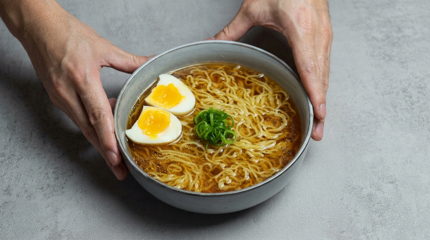 촉촉한 반숙란과 신선한 쪽파를 고명으로 올린 클래식한 쇼유 라멘 한 그릇.