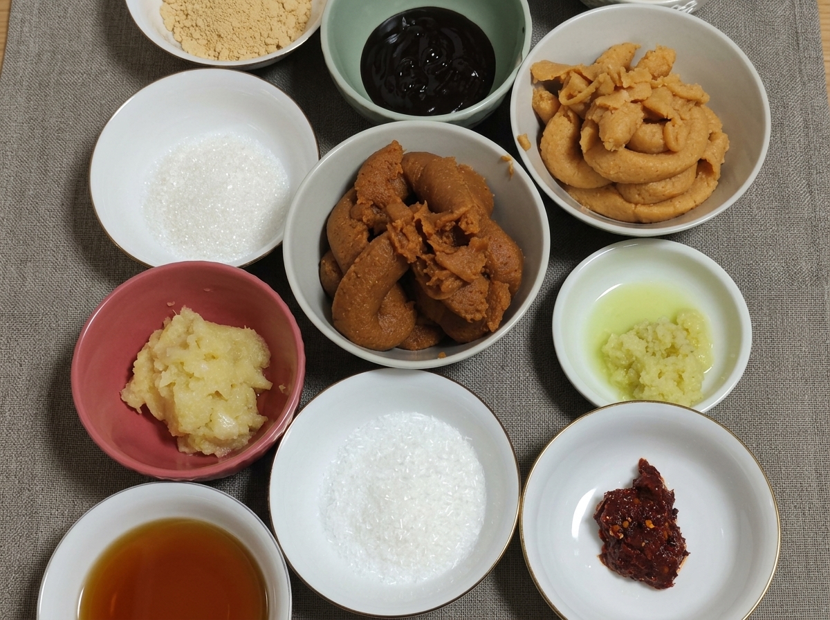 적미소, 백미소, 설탕, 콩가루, 다진 마늘, 고춧가루 등이 회색 천 위에 놓인 작은 도자기 그릇들에 각각 담겨 있는 위에서 찍은 모습.