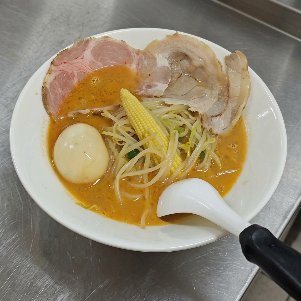 숙주나물, 영콘, 차슈 슬라이스, 반숙란, 그리고 그 위에 노란 버터 한 조각이 올라간 완성된 미소 라멘 한 그릇.