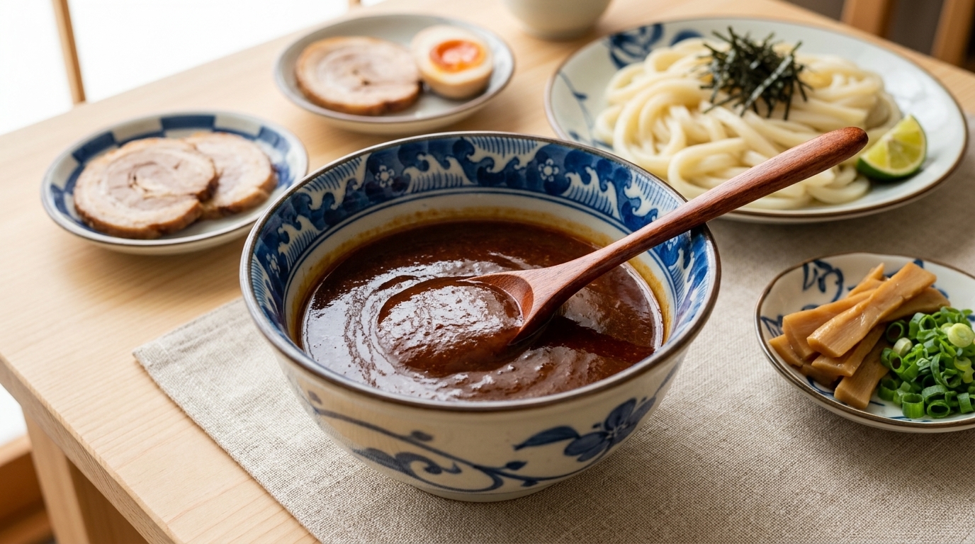 차가운 우동 면과 전통 라멘 고명을 곁들인 진하고 윤기 나는 미소 디핑 소스 한 그릇.
