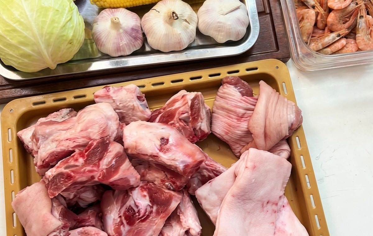 주방 조리대 위에 놓인 트레이 위의 돼지 사골, 분홍빛 새우가 담긴 용기, 통옥수수, 마늘 등 다양한 생재료들.