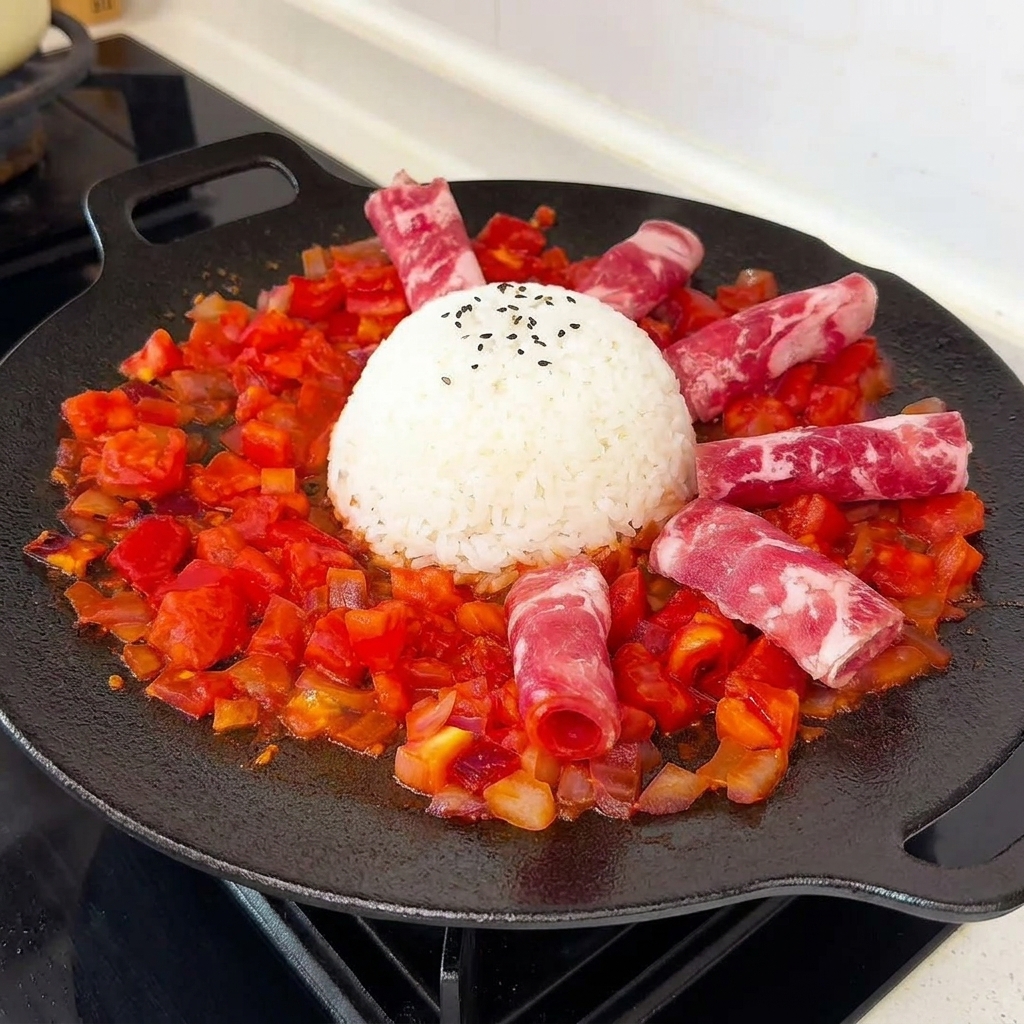 검은깨가 뿌려진 흰쌀밥 주변으로 익힌 토마토 위에 얇은 생소고기가 둥글게 감싸고 있는 모습.