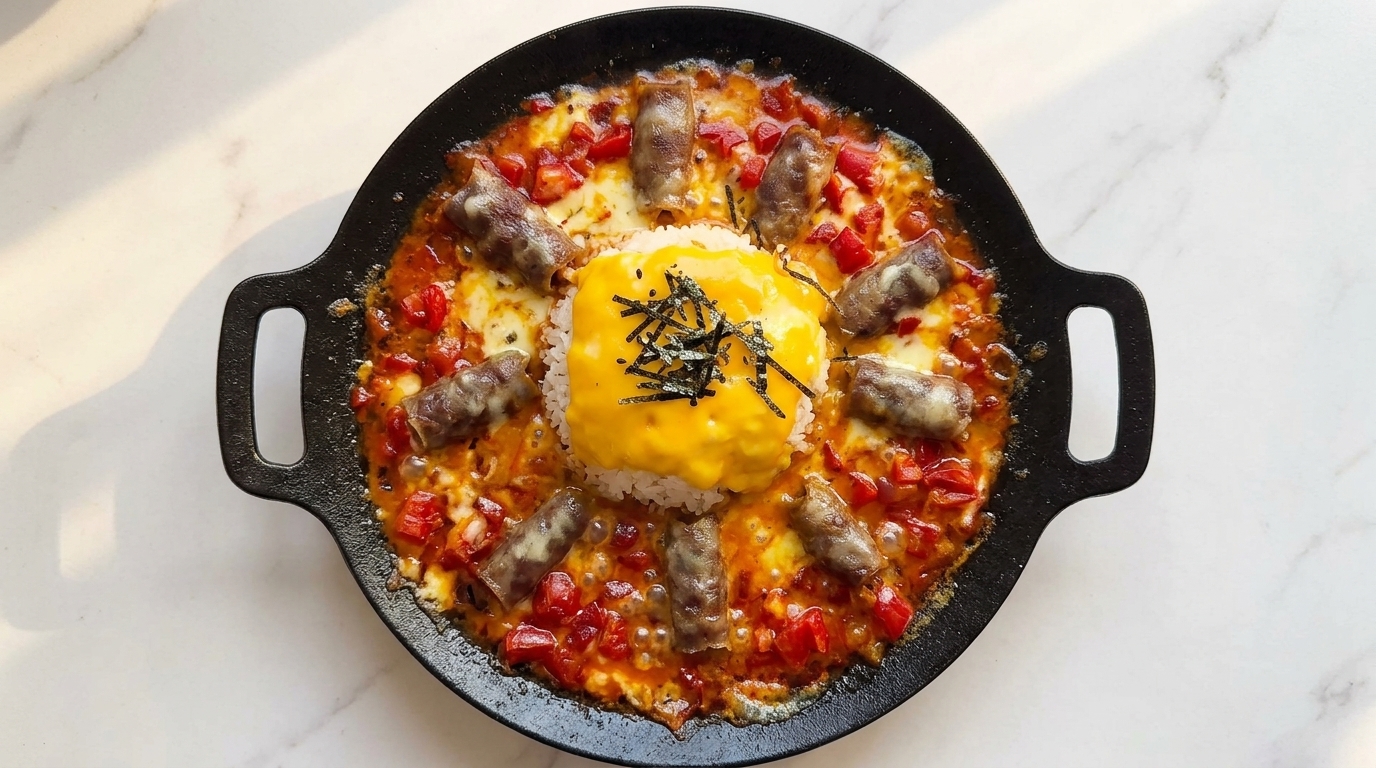 먹음직스러운 소고기 롤과 부드럽게 녹은 체다 치즈가 올라간 지글지글 끓는 토마토 비프 치즈 덮밥 팬.