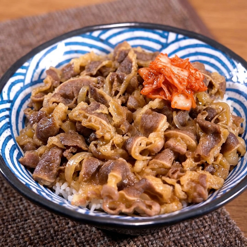 젓가락을 사용하여 소고기 덮밥 중앙에 붉고 먹음직스러운 김치를 소담하게 올리는 모습.
