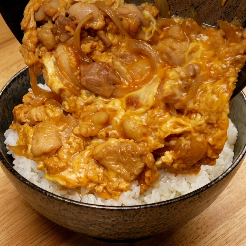 무쇠 팬에서 부드럽게 익은 계란과 닭고기 고명을 고슬고슬한 흰쌀밥 위에 부드럽게 미끄러뜨리듯 얹는 모습.
