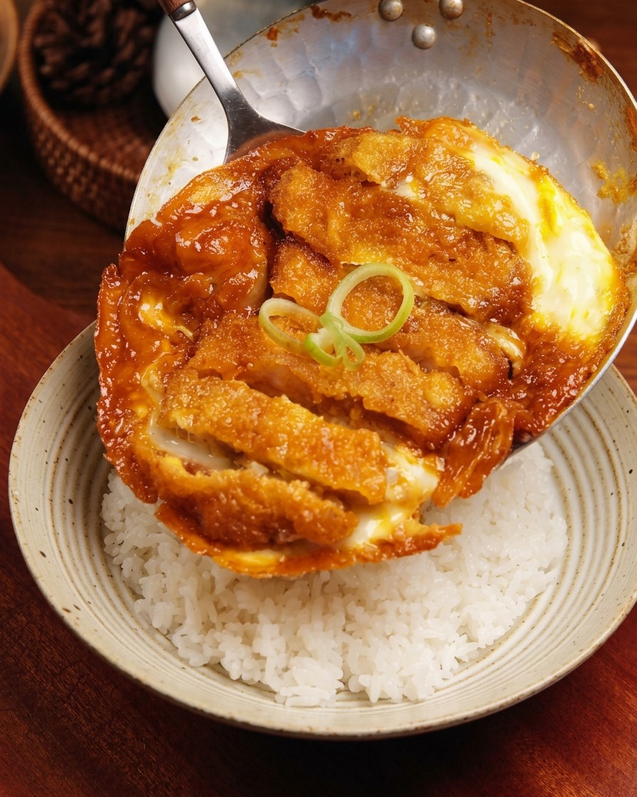 완성된 가츠동을 프라이팬에서 도자기 그릇에 담긴 밥 위로 미끄러지듯 얹는 모습.
