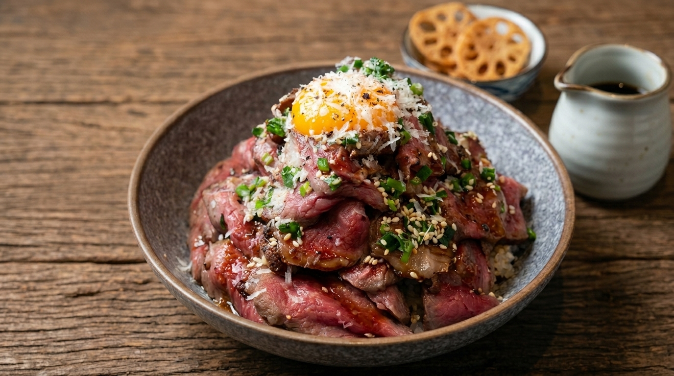 신선한 달걀노른자와 눈꽃 치즈를 얹어 밥 위에 산처럼 풍성하게 쌓아 올린 최고급 드라이에이징 비프 돈부리.