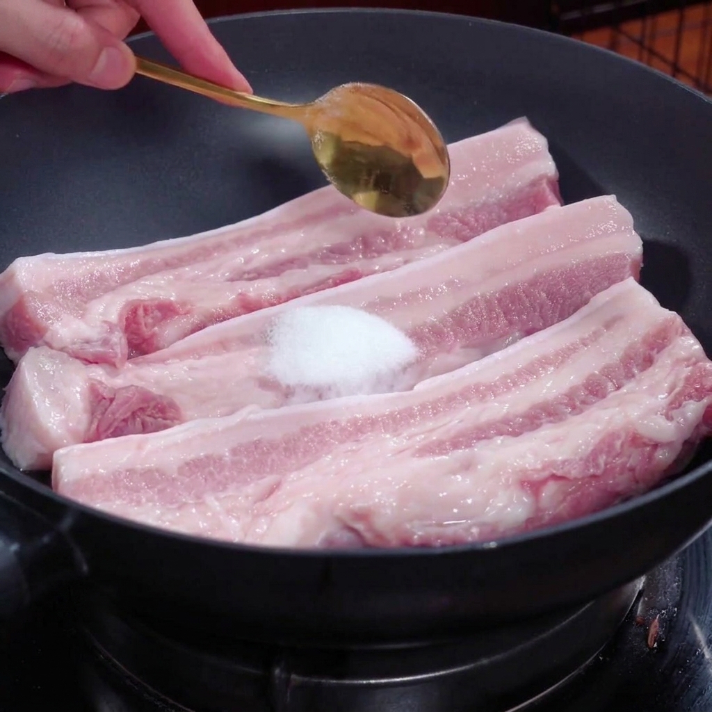 검은색 조리용 팬에 담긴 생삼겹살 위에 하얗게 쌓인 소금 위로 금색 스푼이 놓여 있는 모습.