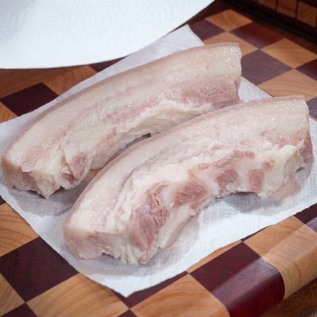 체크무늬 도마 위에 키친타월을 깔고 그 위에 올려진 삶은 삼겹살 두 덩이의 물기를 톡톡 두드리며 닦아내는 모습.