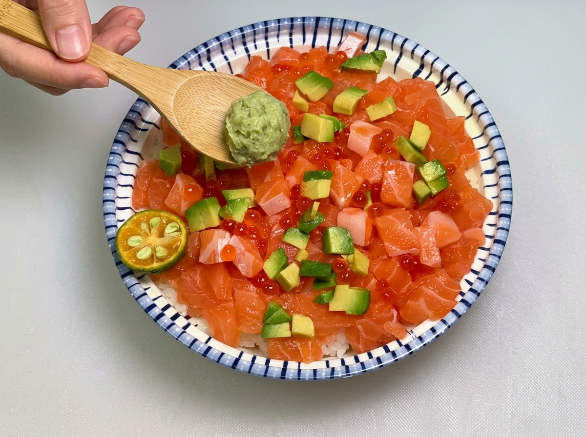 반으로 자른 작은 칼라만시 라임 옆, 연어와 아보카도가 올라간 덮밥 위에 나무 숟가락으로 동그랗게 뭉친 초록색 고추냉이를 올려놓는 모습