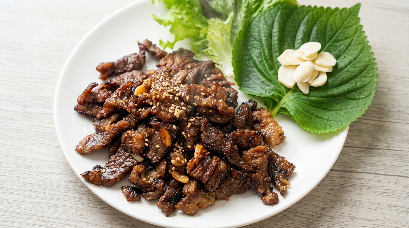 신선한 깻잎, 상추, 편마늘과 함께 곁들인 윤기가 흐르는 수원왕갈비 스타일의 소고기 구이.