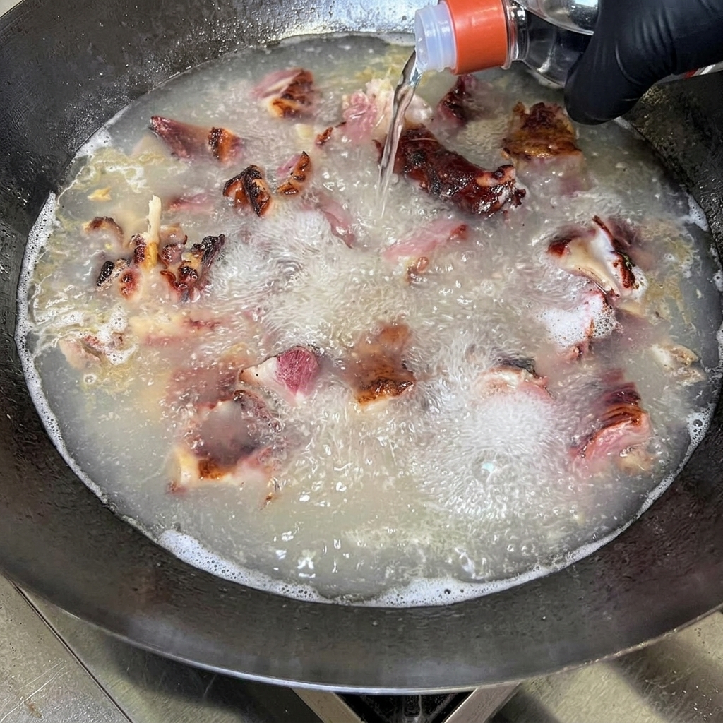 자른 갈비를 끓는 웍에 넣고 투명한 고도수 고량주를 붓는 모습.